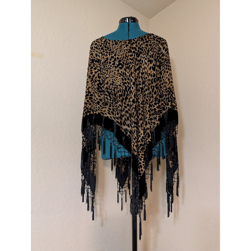 Leopard‎ Print Beaded Fringe Poncho Shawl Velvet Trim Womens One Size Brown Boho